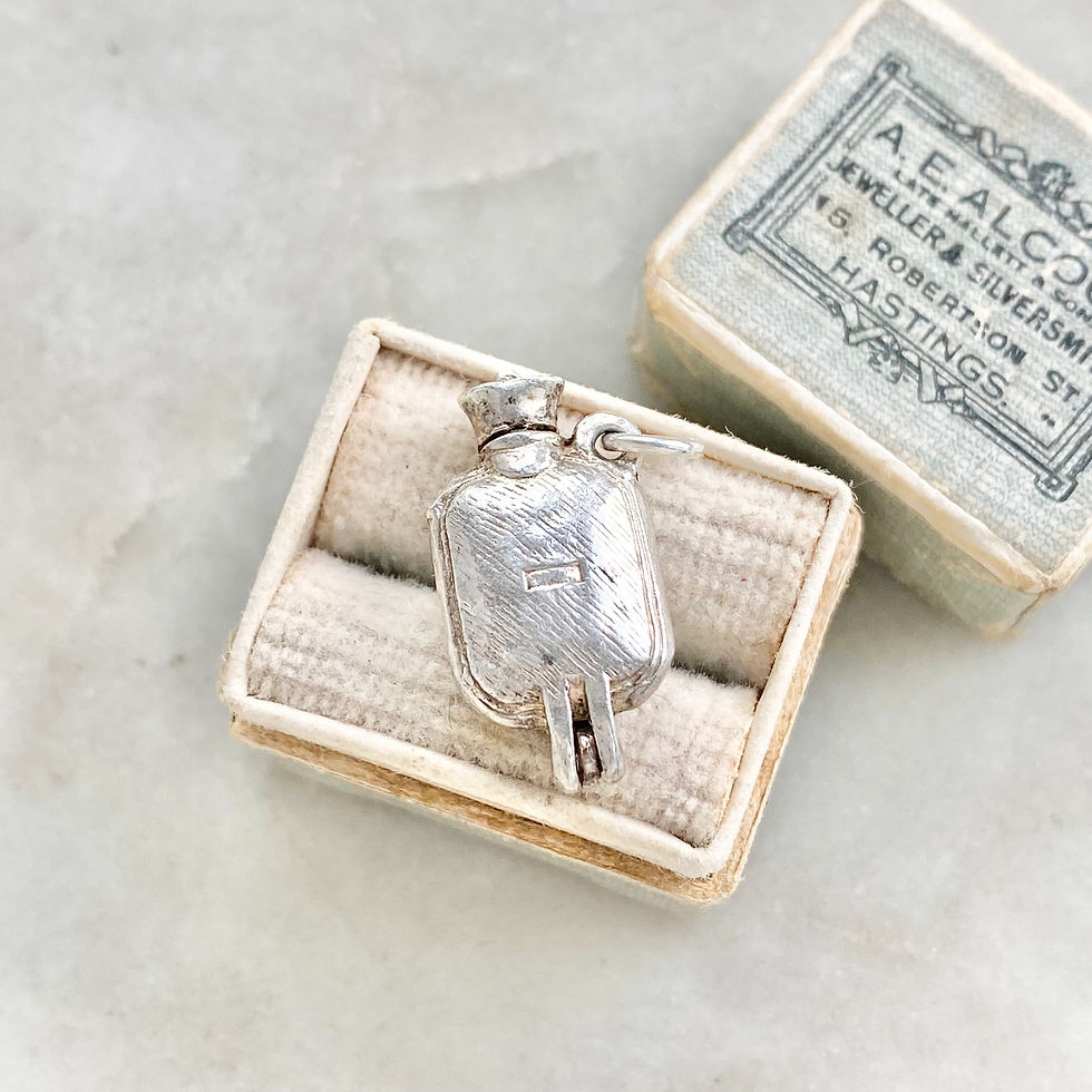 Thumbnail: Vintage sterling silver opening hot water bottle charm with chamber pot inside