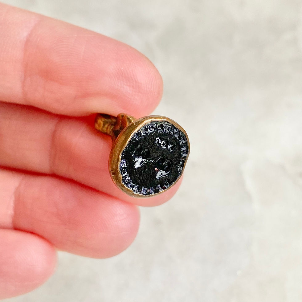 Thumbnail: Vintage glass, base metal seal fob 'Separated but not disunited' hearts