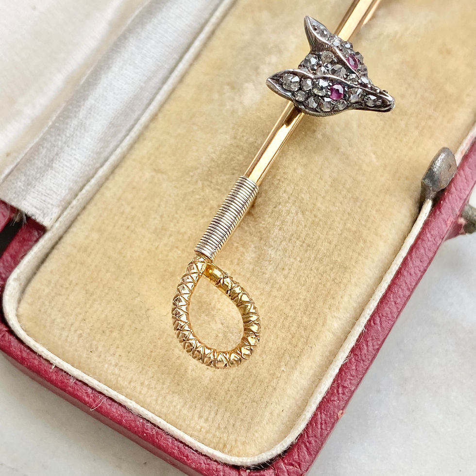 Thumbnail: Vintage diamond, gold, silver and ruby fox head and riding crop brooch/pin