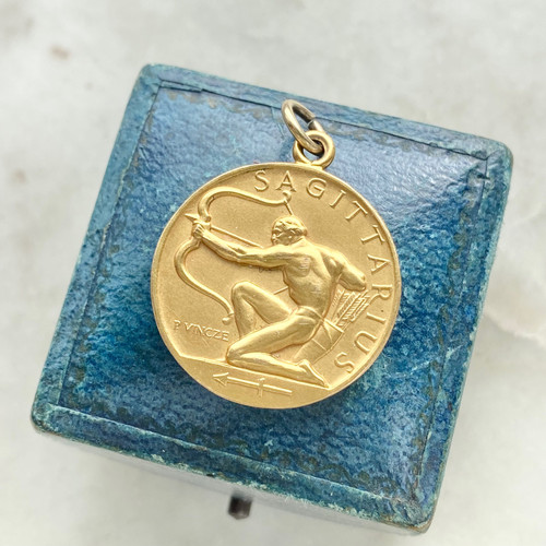 Vintage 1969 rare Paul Vincze 9ct gold Sagittarius Zodiac medallion