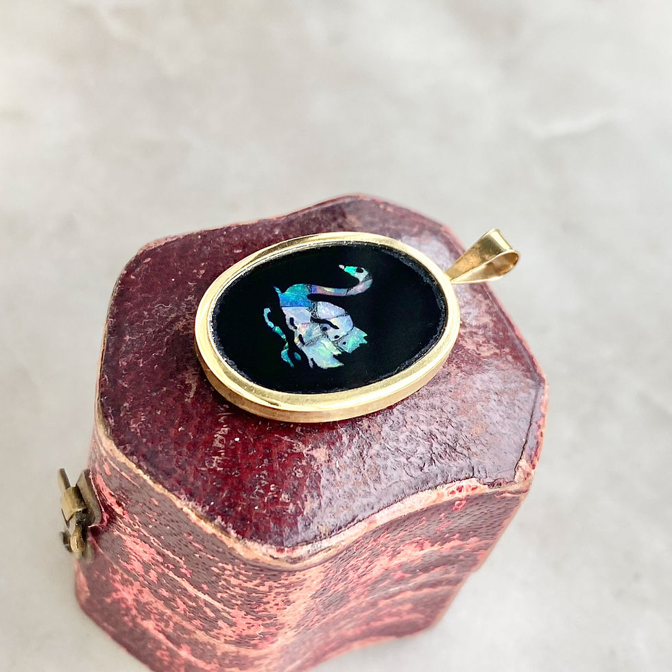 Thumbnail: Vintage 9ct gold, onyx and opal mosaic inlay swan pendant