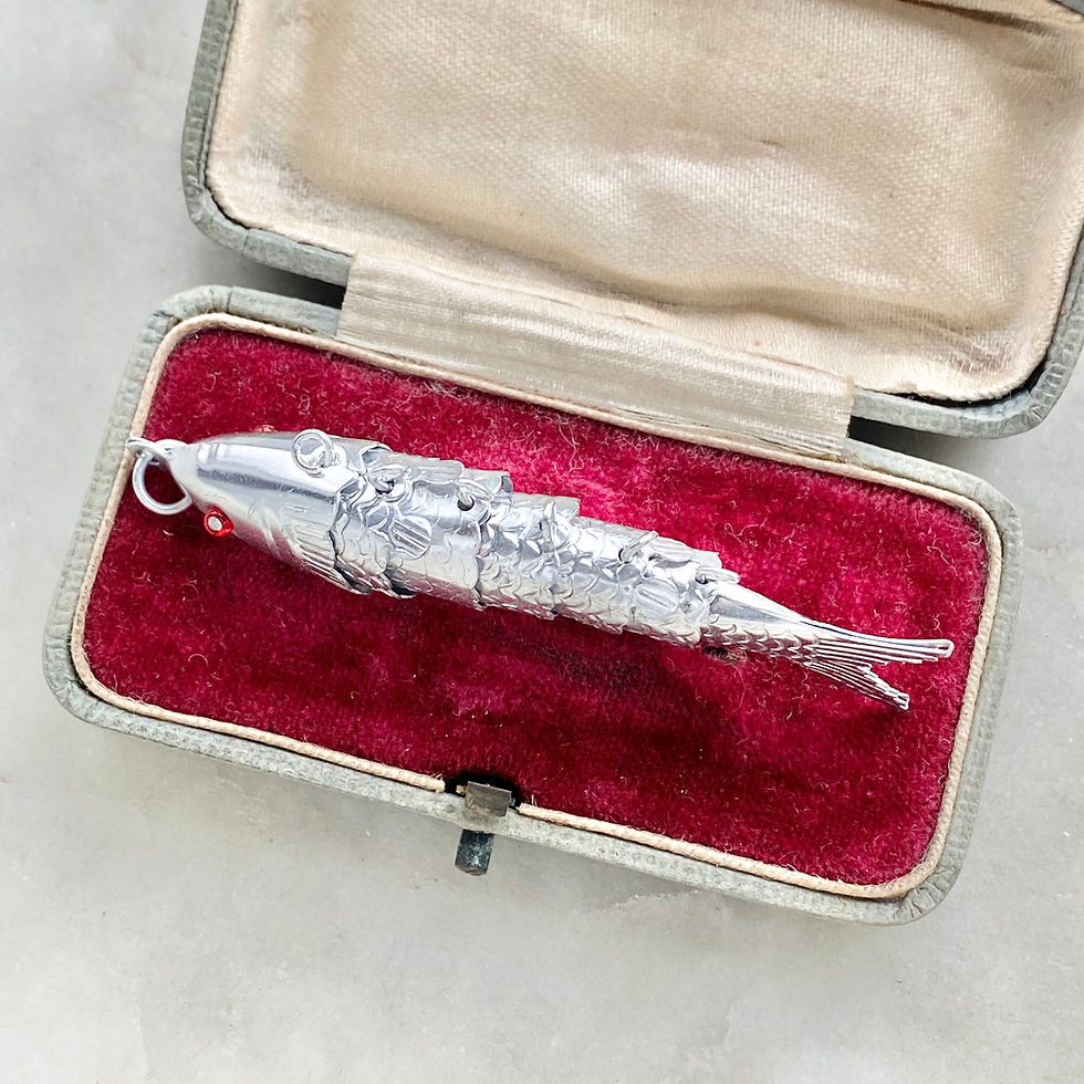 Thumbnail: Preloved large silver toned metal articulated fish charm/pendant