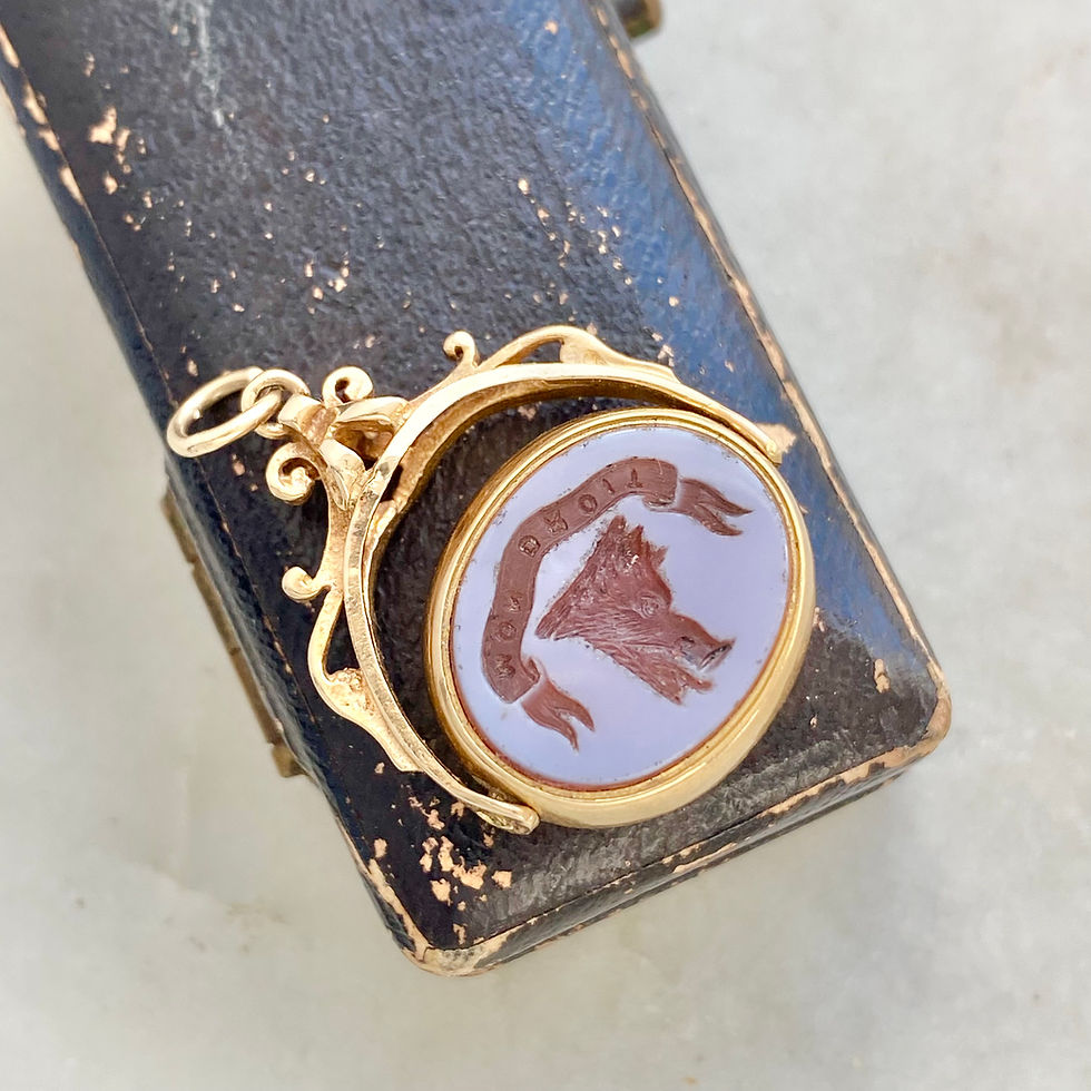 Thumbnail: Antique 18ct gold carnelian & bloodstone boar head swivel fob in 9ct gold frame