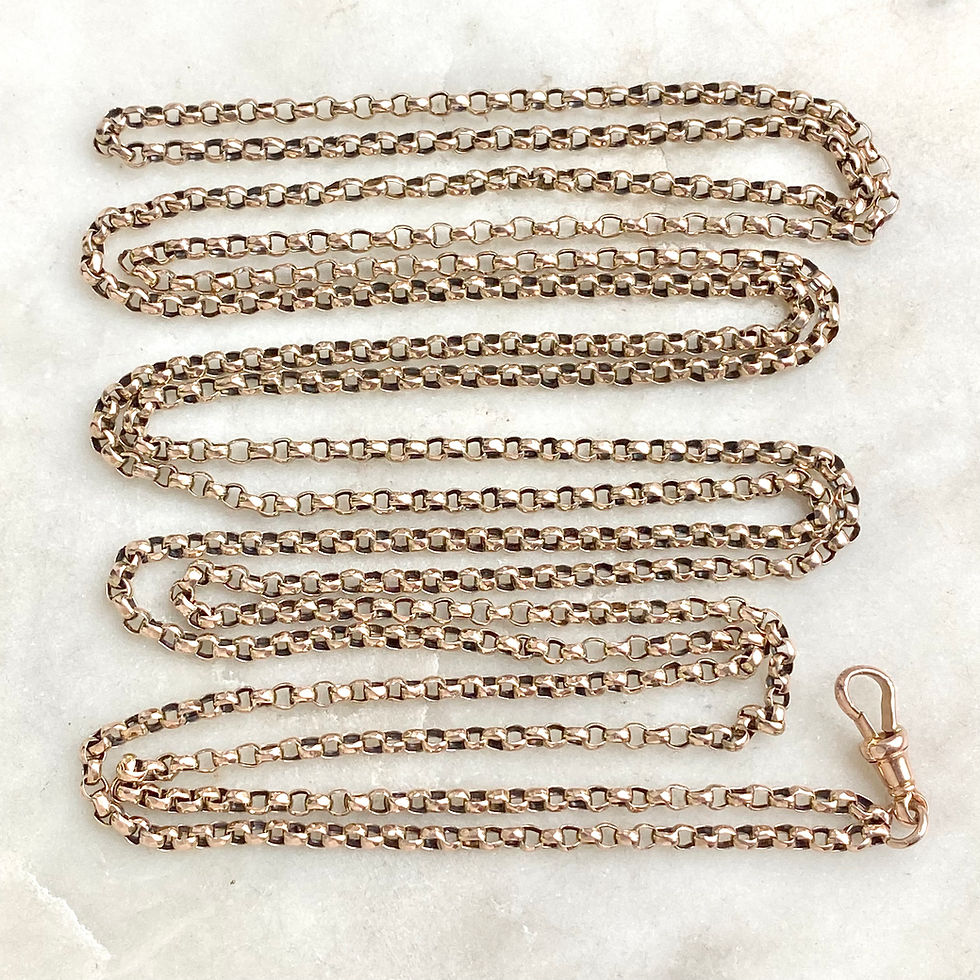Thumbnail: Antique 53 inch 9ct gold belcher link long muff chain with dog clip