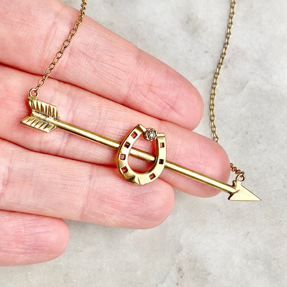 Thumbnail: Vintage 9ct gold and diamond, horseshoe and  arrow necklace