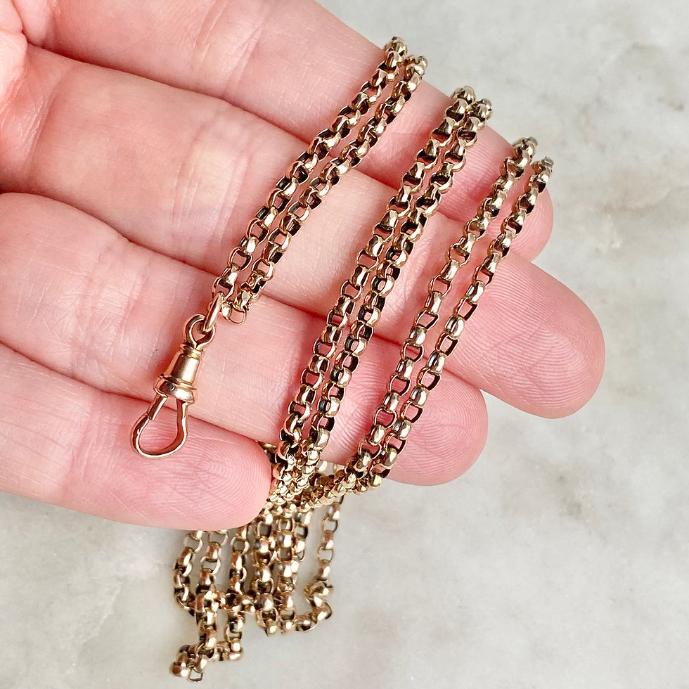 Thumbnail: Antique 53 inch 9ct gold belcher link long muff chain with dog clip