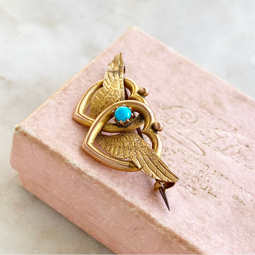 Thumbnail: Antique Victorian 9ct gold and turquoise winged double heart sweetheart brooch