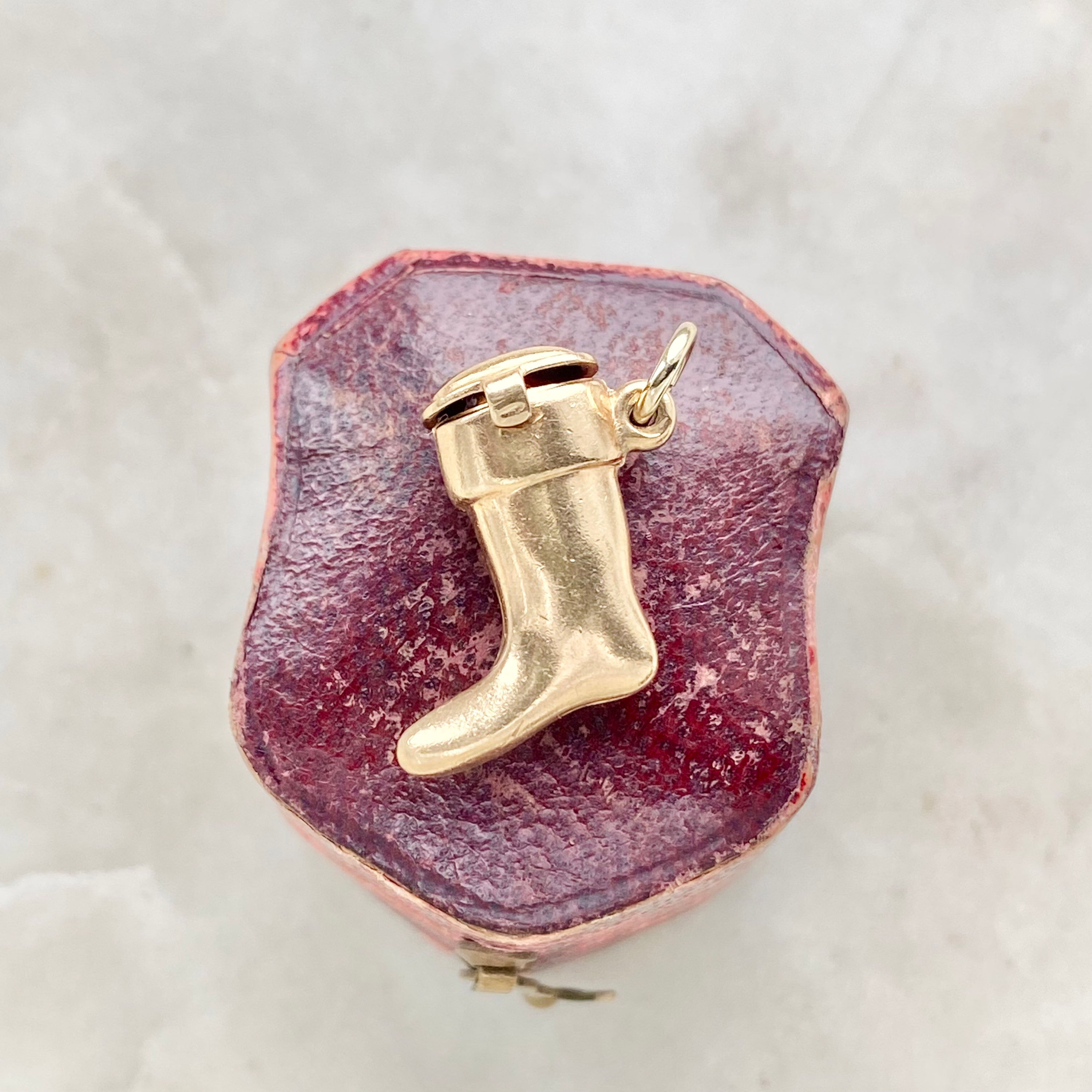 Vintage rare 14ct gold and enamel Christmas stocking charm with pop up Santa