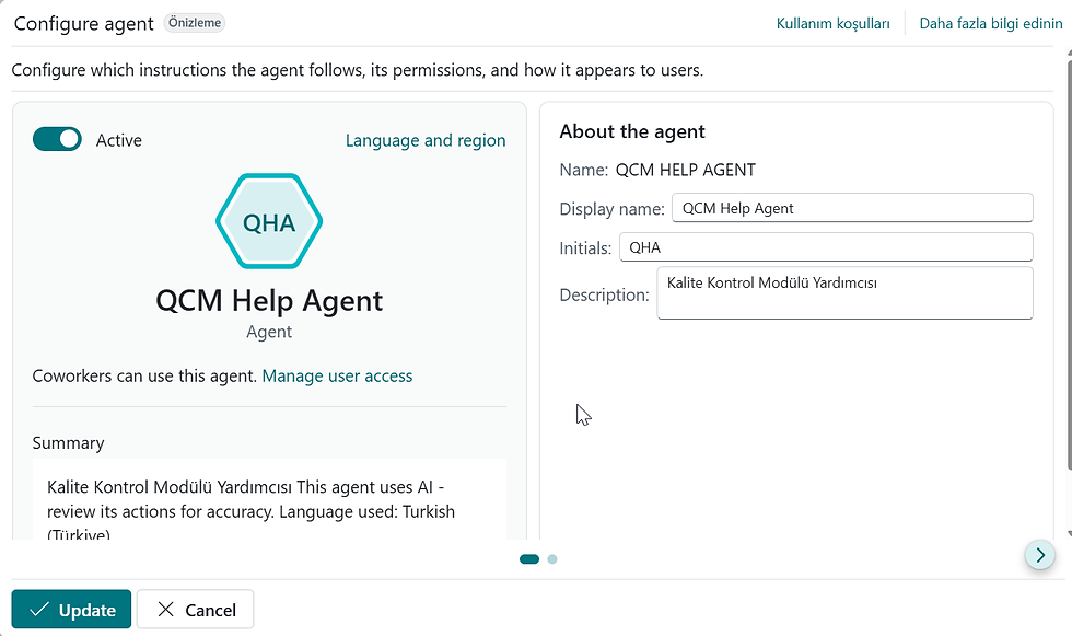 Business Central'da Custom Agents yapılandırma ekranı