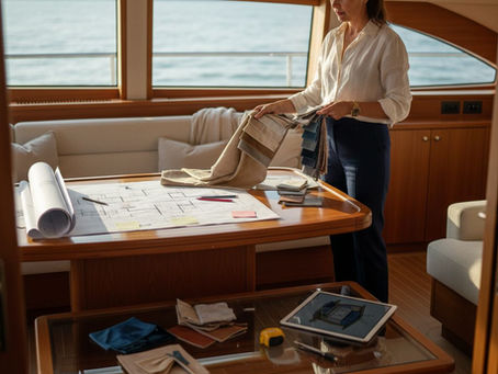 Designer reviewing yacht interior plans in salon