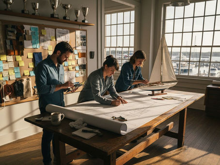 Yacht designers working in bright studio workspace