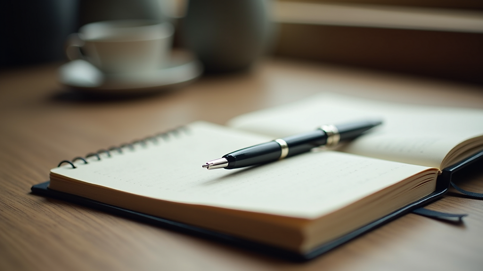 Close-up of a journal and pen on a wooden table