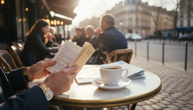 Eye-level view of a traveller holding a small French phrasebook near a Paris café terrace.
