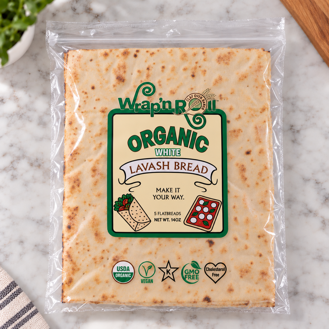 Organic White Lavash Bread in its retail package, photographed flat on marble
