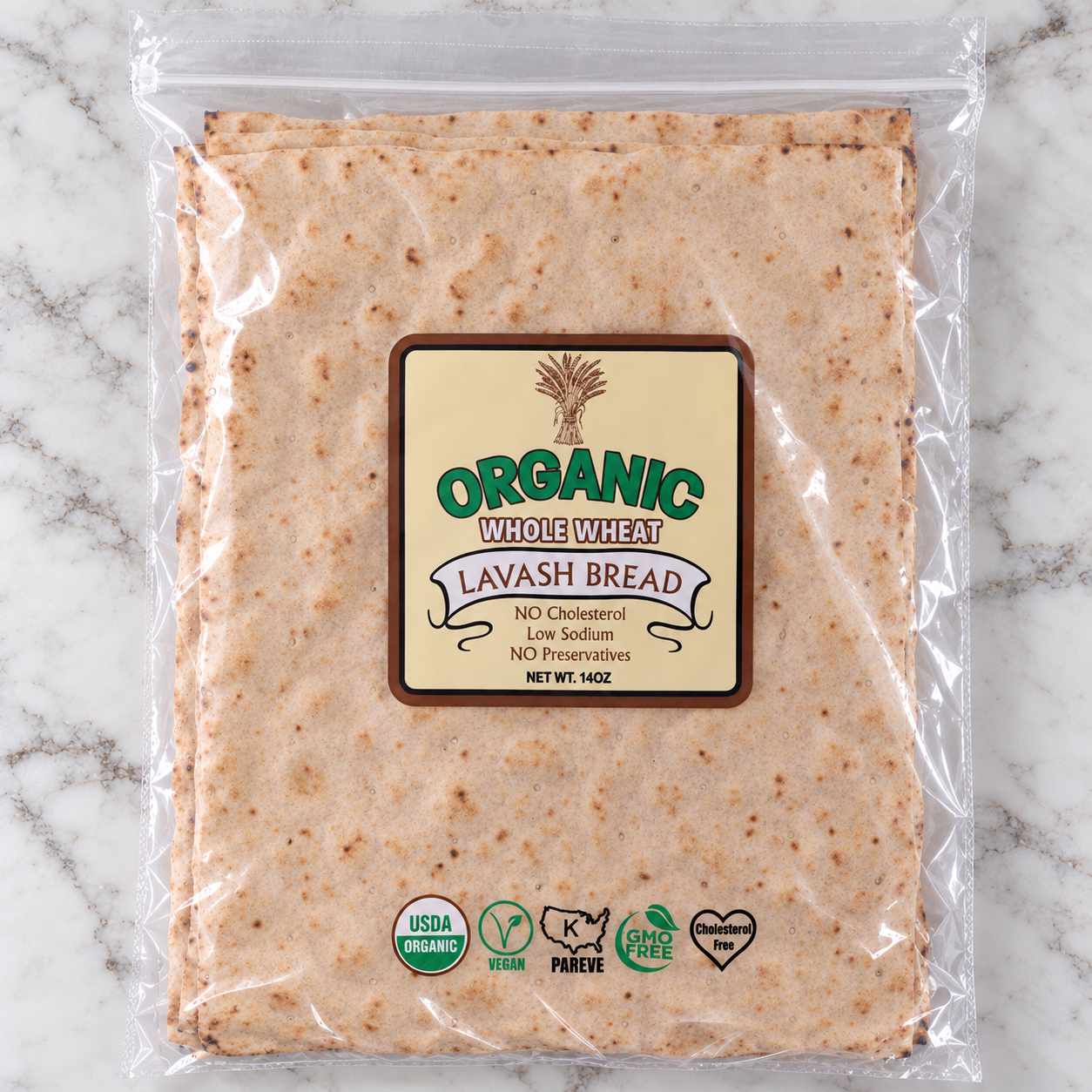 Organic Whole Wheat Lavash Bread in its retail package, photographed flat on marble