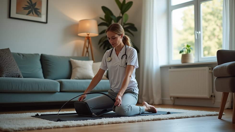 Eye-level view of a physiotherapist setting up exercise equipment in a cozy living room