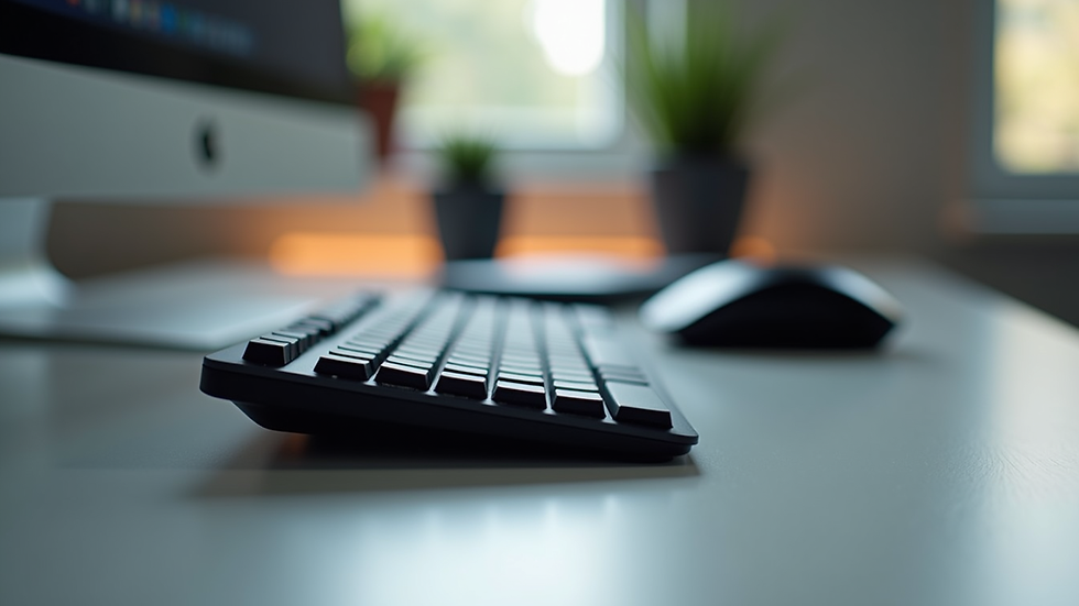 Close-up view of ergonomic keyboard and mouse on a clean desk