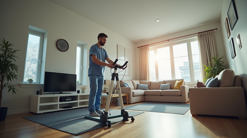 Eye-level view of a physiotherapist setting up equipment in a home living room