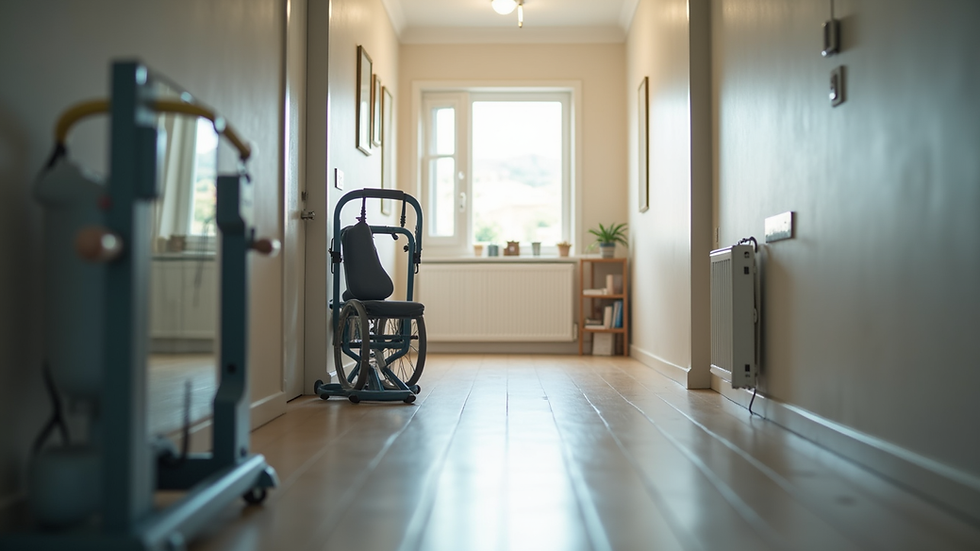 Close-up view of physiotherapy exercise equipment arranged in a home hallway