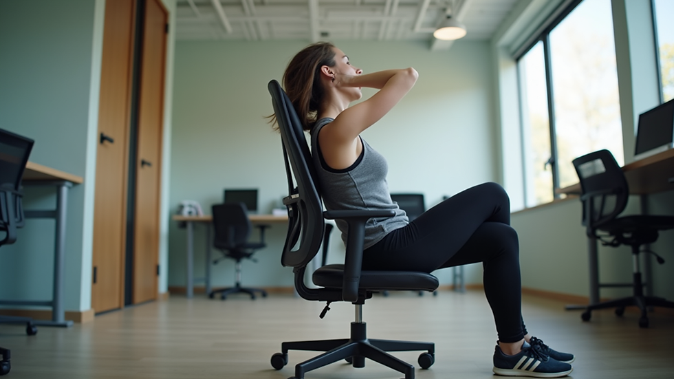 Eye-level view of a person performing a seated spinal twist in an office chair