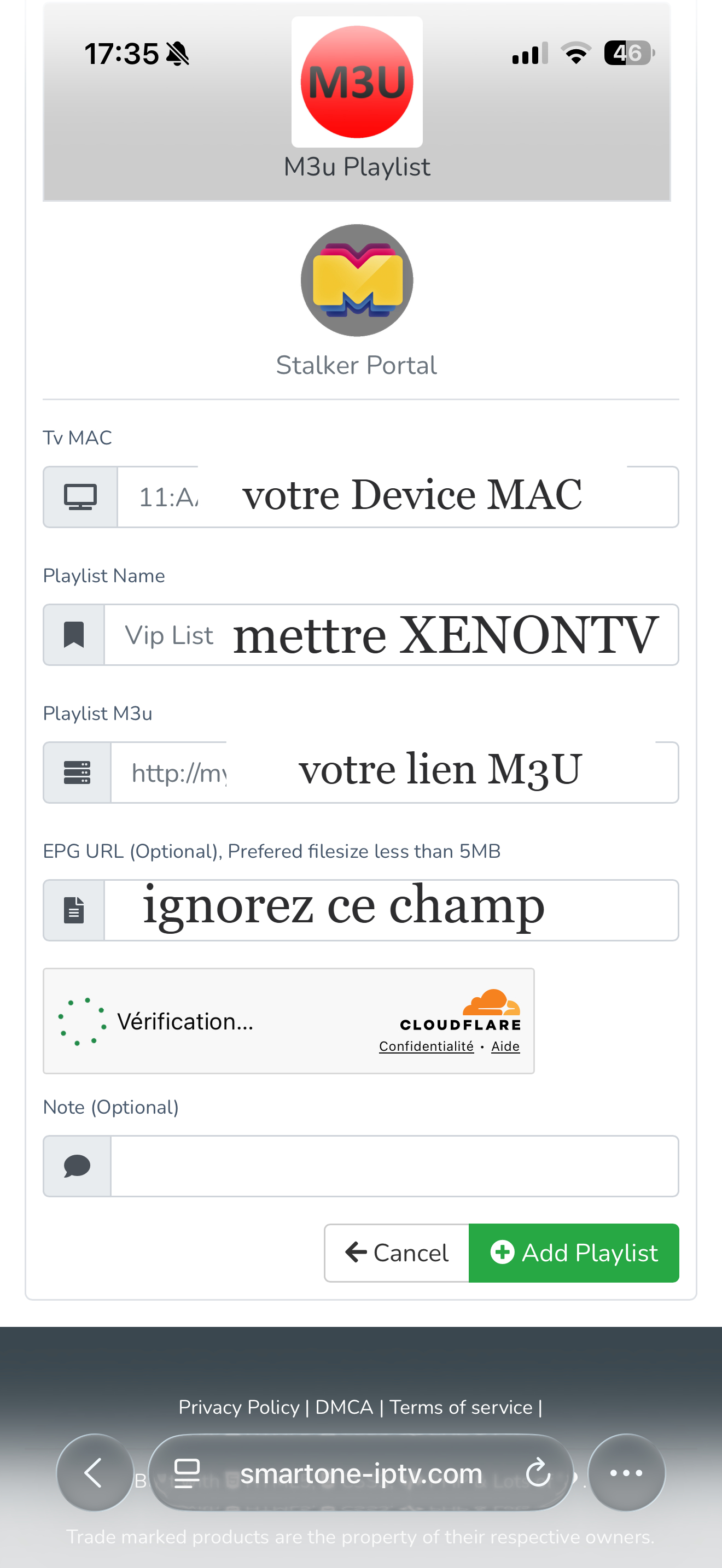 Formulaire M3U Smart One IPTV