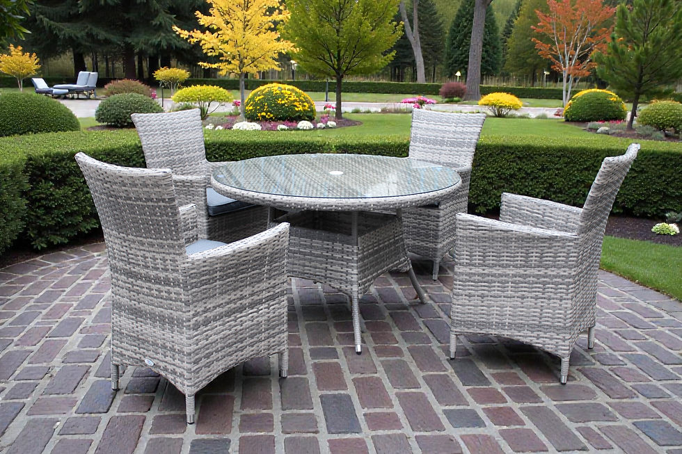 Thumbnail: madrid rattan dining set 4 armchairs with plush grey polyester detachable fabric cushions and round glass top table fabric