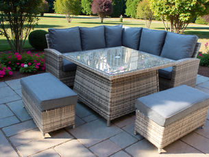 The Maldives corner sofa set. A spacious and stylish corner sofa along with 2 matching stools and a square rattan glass top table.