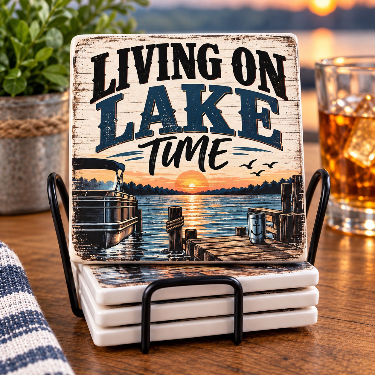Living on Lake Time – 4” x 4” Coaster