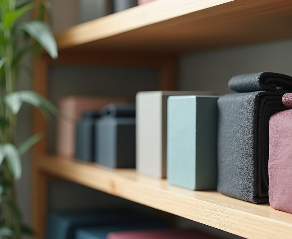 close-up view of yoga blocks and straps neatly arranged on a shelf
