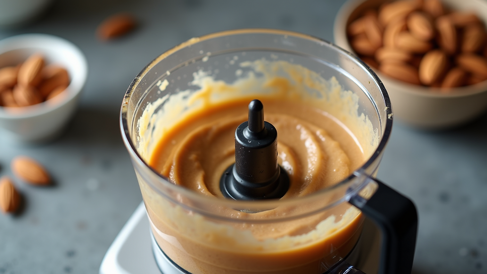 Eye-level view of a food processor blending almonds into almond butter