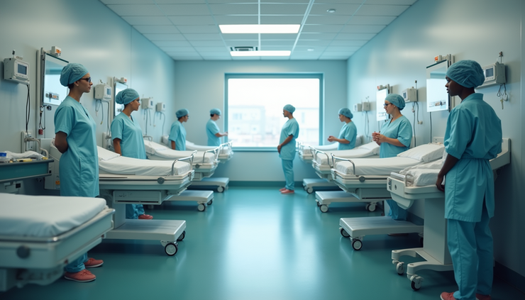 High angle view of a modern maternity ward with medical staff and newborn care