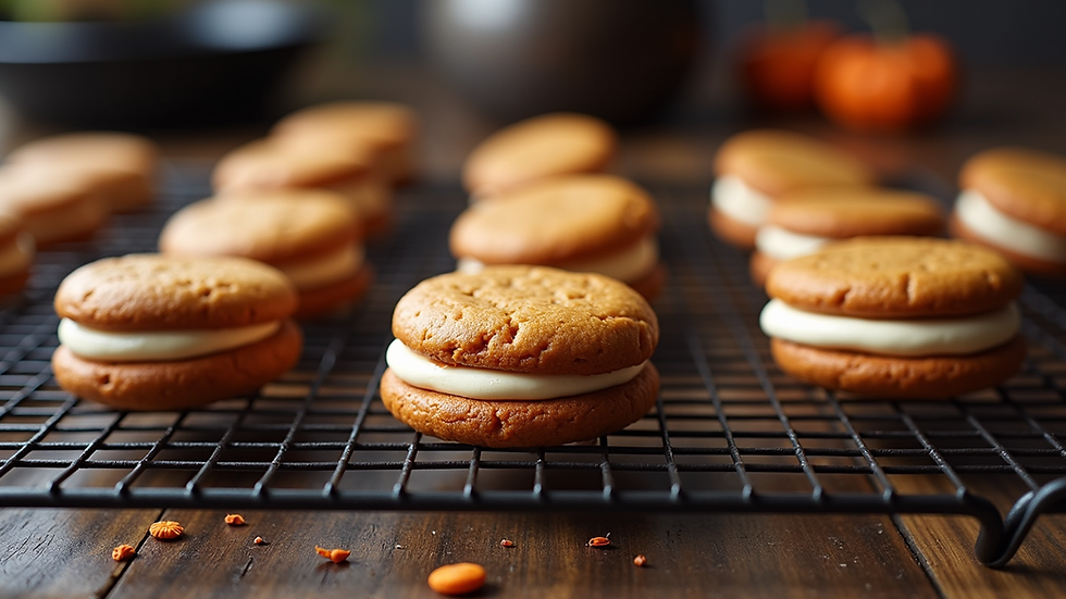 Eye-level view of Halloween Whoopie Pies cooling on a wire rack