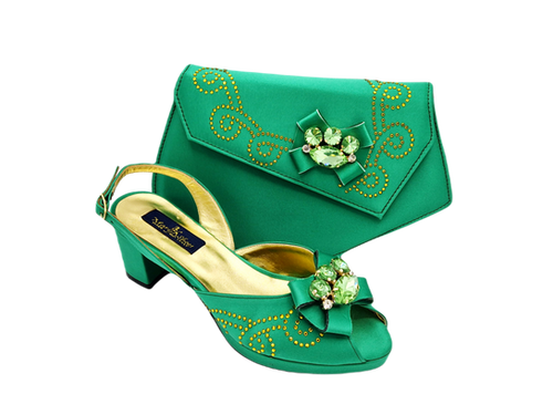 Sophie, low-heeled platform green wedding shoes and matching bag