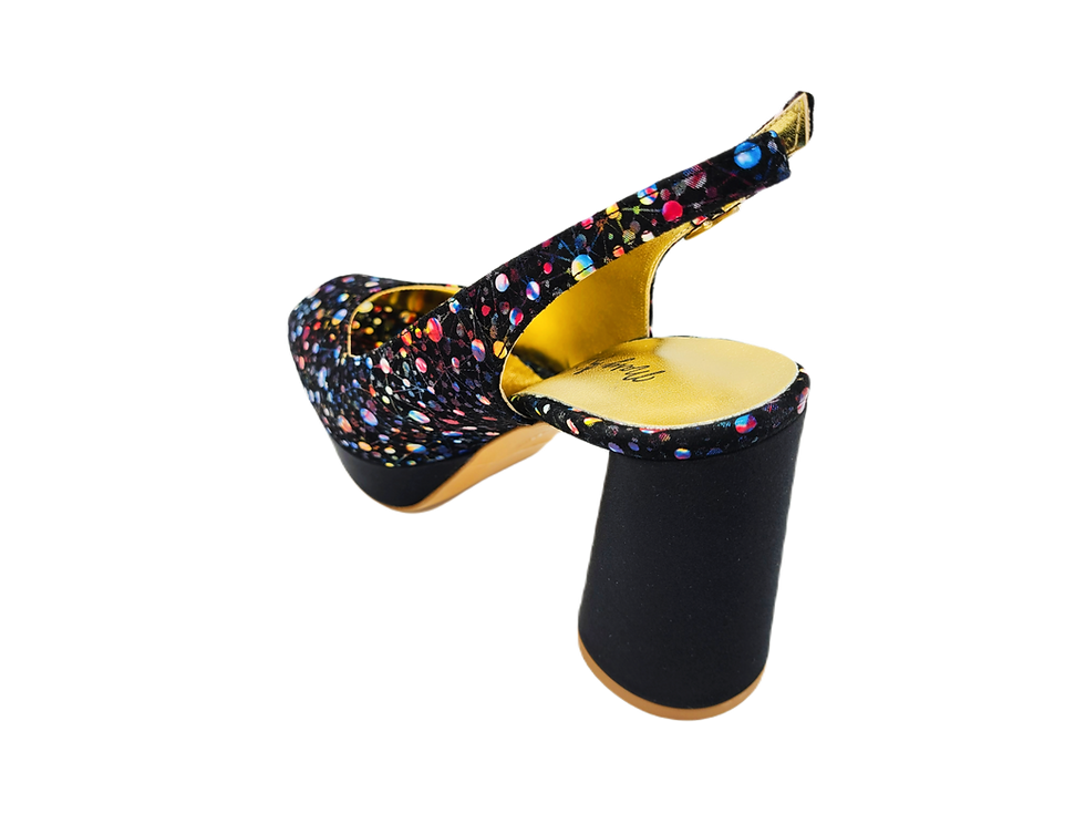 Thumbnail: Capri, elegant black multicolour chunky heels and matching bag