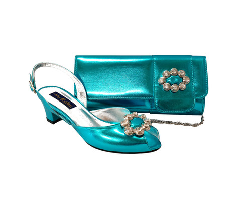 matching turquoise shoes and bag