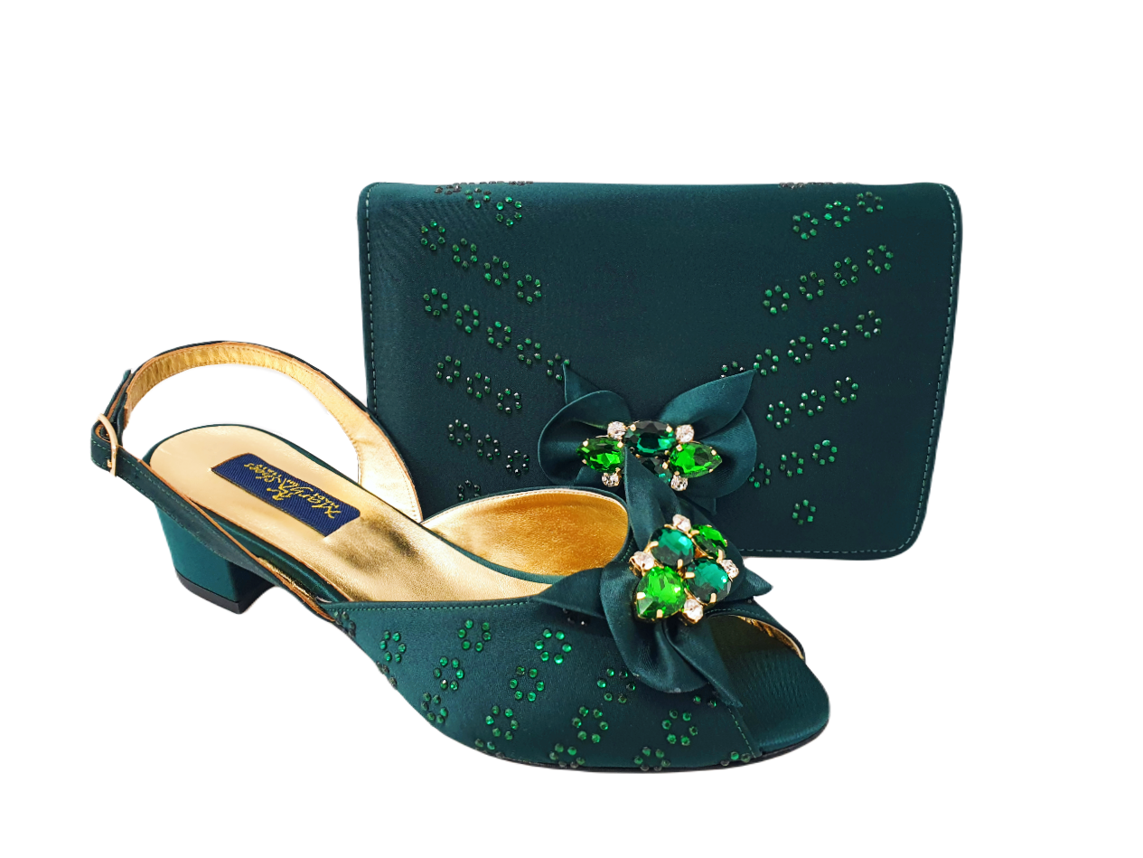 Stella, low heeled emerald wedding shoes and matching bag set
