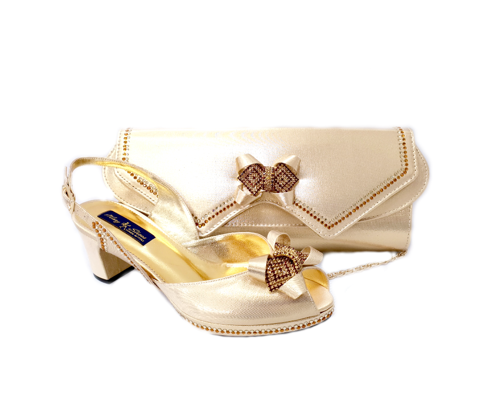 Elaine Mary Shoes Gold Low Heel Wedding Shoes And Matching Bag