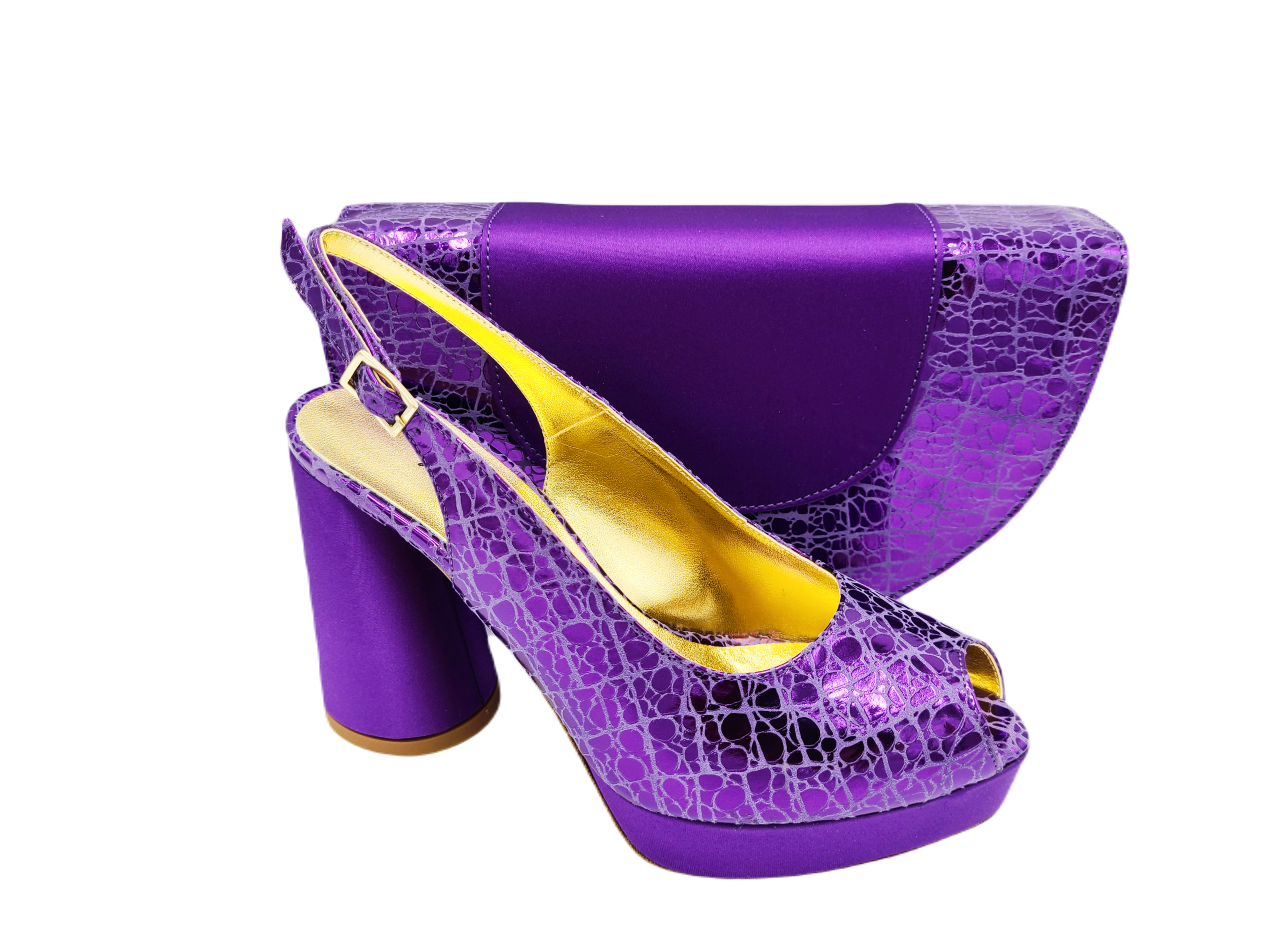 Capri, elegant purple chunky heels and matching bag