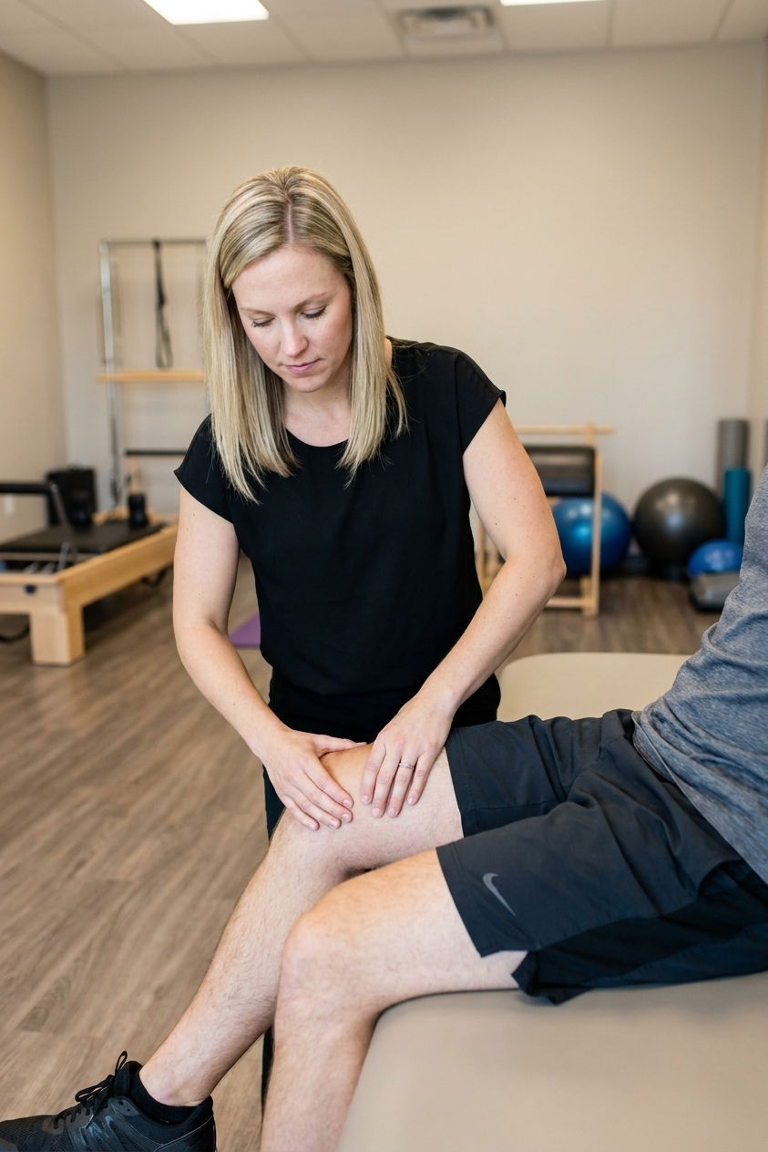 Physical therapist performing manual therapy on a patient's knee at a performance physical therapy clinic in Dunwoody, GA
