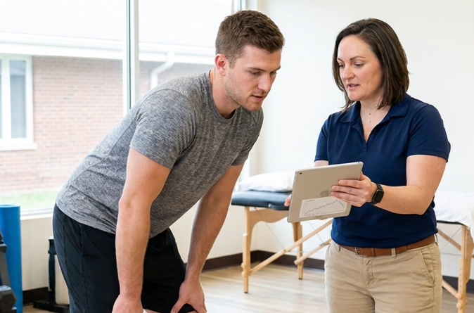  Chiropractor reviewing a functional movement assessment with an athlete at a sports rehabilitation clinic in Champaign, IL