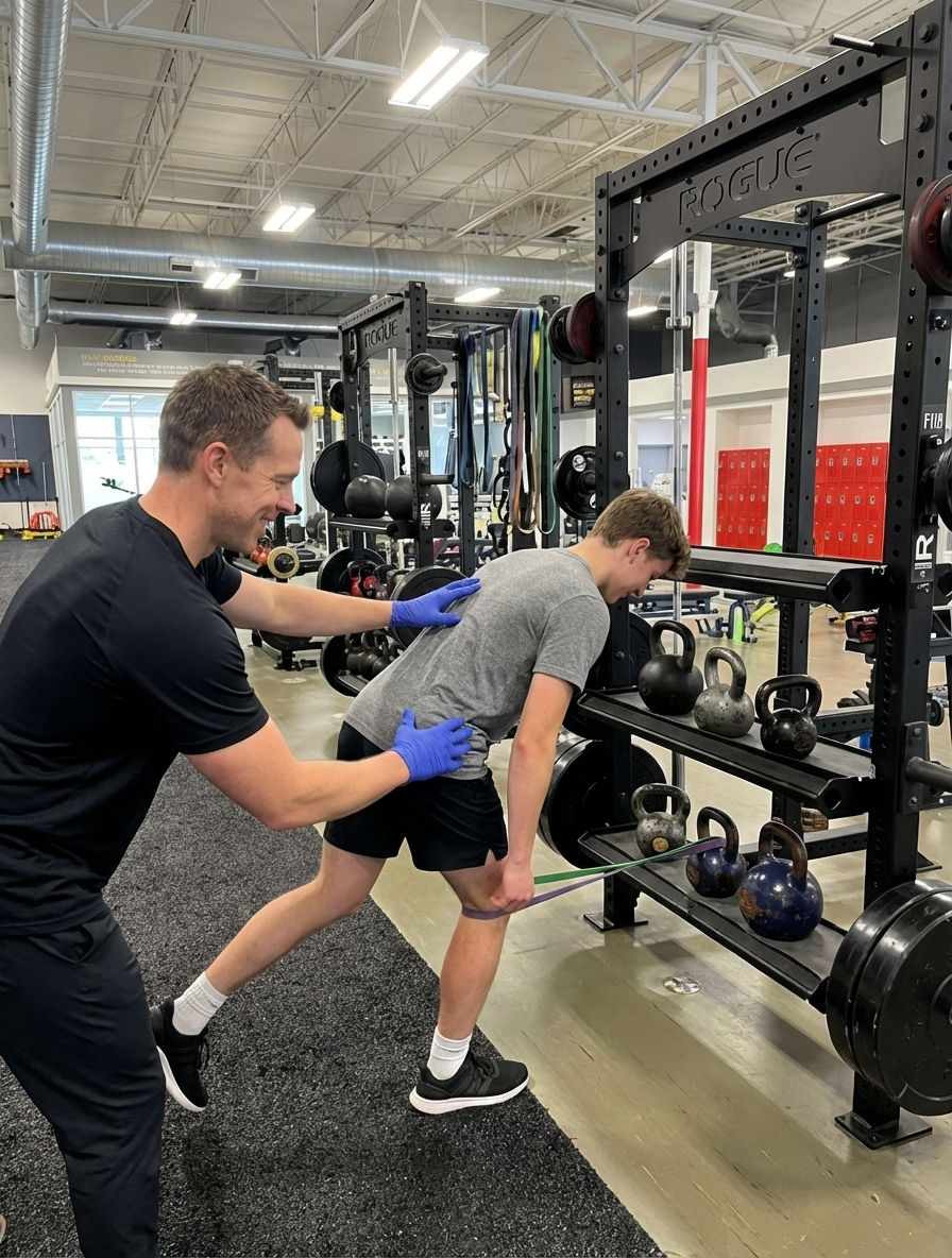 Patient working with a provider at a performance physical therapy clinic in Charlotte performing sport-specific training exercises