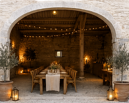 Exterior dining in the barn at Maison Le Mas