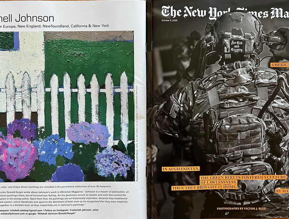 Mitchell Johnson Painting on the back cover of the New Yor Times Magazine October 5 2025.j