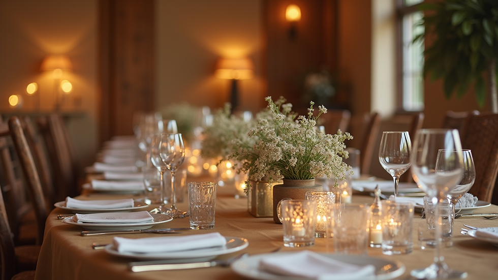 Eye-level view of a cozy event setup with natural decor in a Des Plaines venue