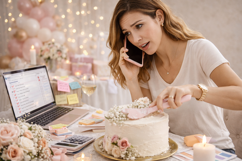 Eye-level view of a cluttered event planning table with scattered notes and a laptop