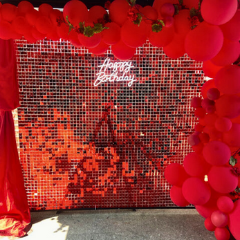 6ft x 6ft red sequin backdrop panels rental for events – includes 36 pre-assembled 12"x12" sequin panels, ideal for bachelorette parties, engagements, weddings, and photography in Chicago. Durable, reusable, easy to clean, and perfect for creating a sparkling atmosphere.