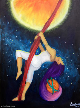 An oil painting of a woman performing aerial yoga in space, with her silks attached to the sun and a strange planet entangled in her violet hair. The background is a blue-hued depiction of outer space.