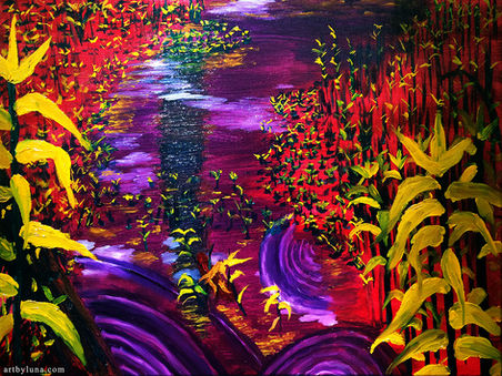 An oil painting of a swamp that has been abstracted, with unnatural colors such as purples, reds, and yellows depicting ripples in a swamp with much plant life.