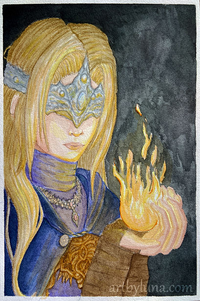 A watercolor painting of the fire keeper from the game 'Dark Souls' holding flames in the palm of her hand.