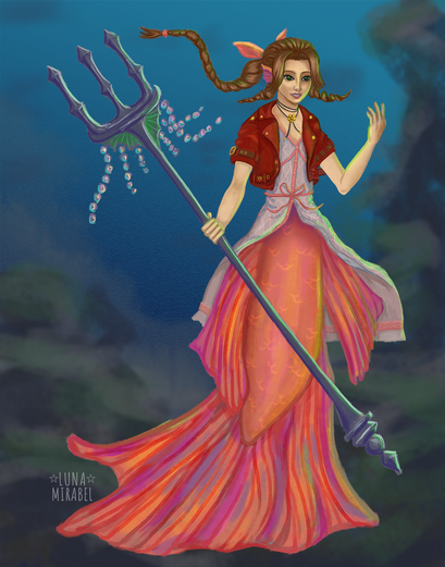 A digital painting of Aerith Gainsborough from Final Fantasy VII, but as a mermaid. The character's typical staff is replaced with a trident, and she has a beautiful warm-toned tail.
